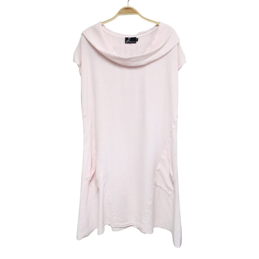 Fenini 100% Linen Cowl Neck Shift Dress M Pastel Pink Pockets Lagenlook Coastal